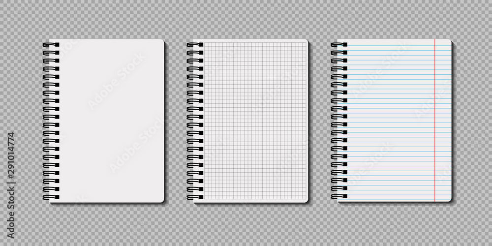 Realistic notebooks lined and dots paper page isolated on transparent background. Art design clean spiral notepad blank mockup template