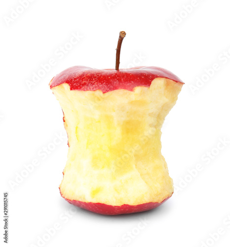 Half eaten red apple on white background