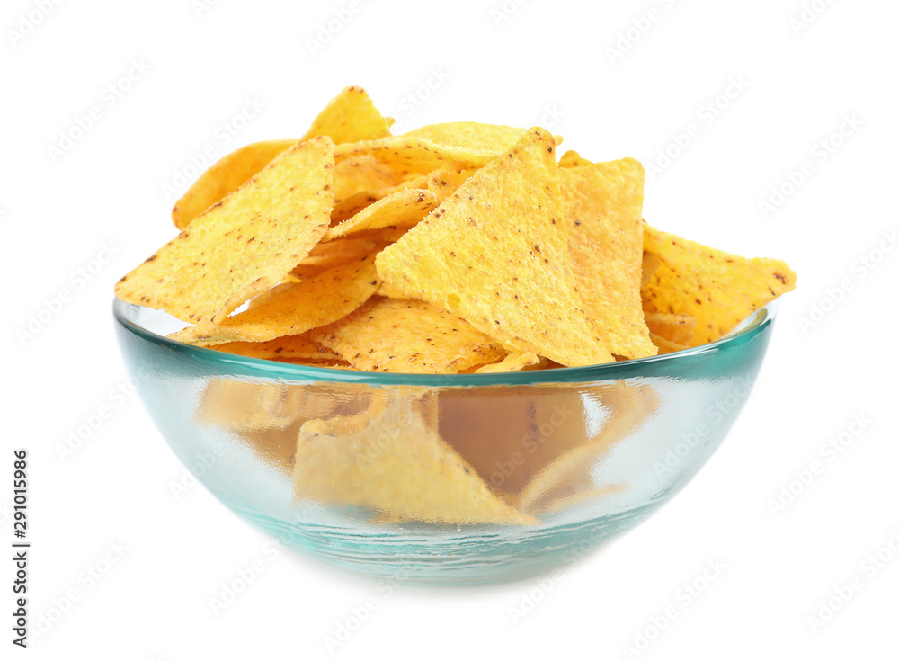 Glass bowl with tasty Mexican nachos chips on white background Glass bowl with tasty Mexican nachos chips on white background