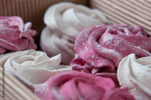 white and pink marshmallows, marshmallows in a gift box. sweet gift