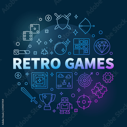 Retro Games vector concept round colored thin line illustration on dark background