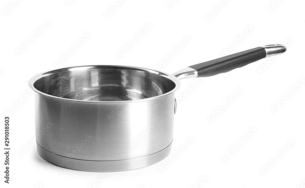 Empty steel sauce pan isolated on white Empty steel sauce pan isolated on white