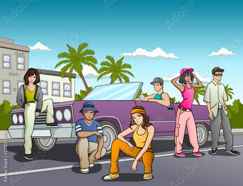 Hispanic young people in front of a lowrider car. Vintage car in the city.