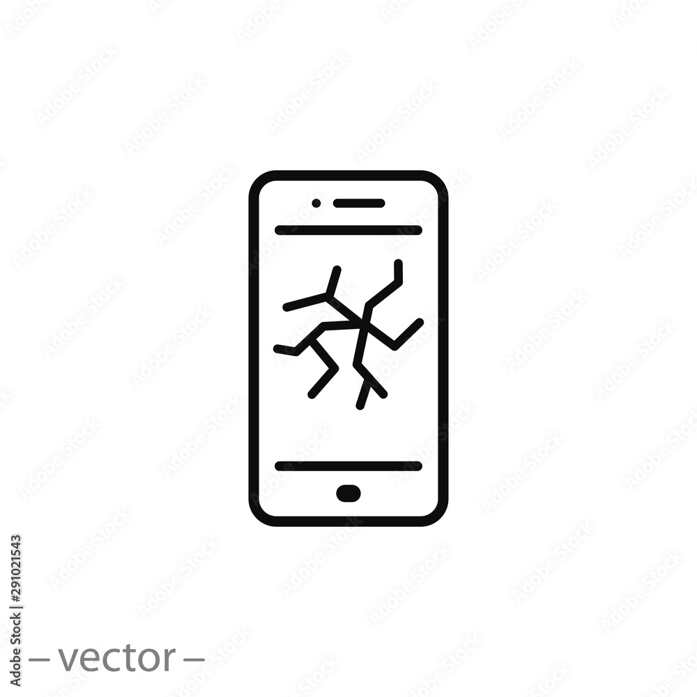 broken phone icon, crack screen smartphone, damage glass mobile, thin line web symbols on white background - editable stroke vector illustration eps10 broken phone icon, crack screen smartphone, damage glass mobile, thin line web symbols on white background - editable stroke vector illustration eps10