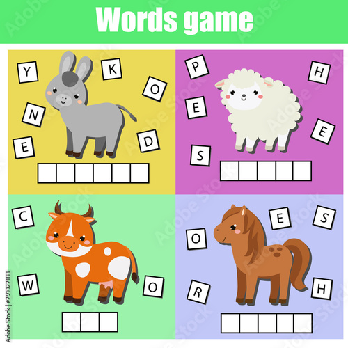 Farm animals. Write missing letters and complete words. Crossword for kids and toddlers. Educational children game.