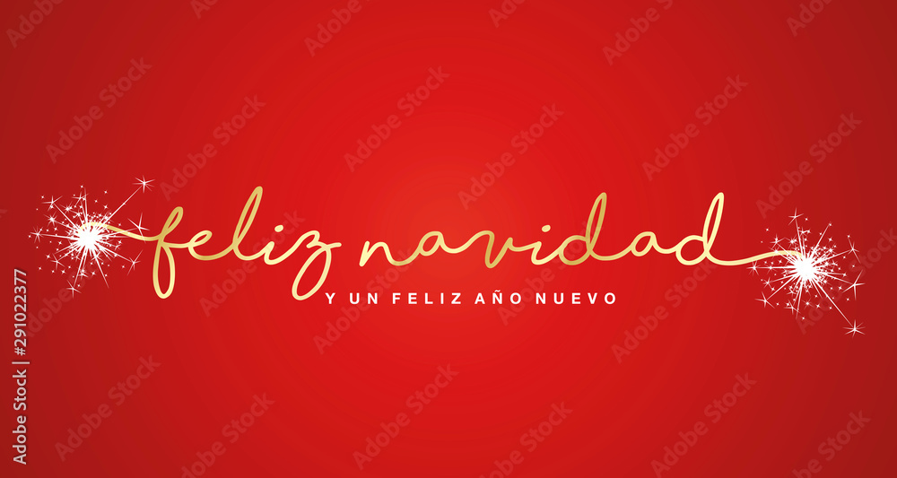 Merry Christmas and Happy New Year 2020 Spanish language handwritten lettering tipography sparkle firework white red background