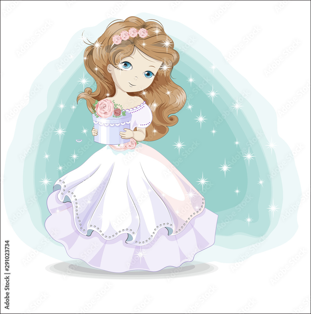 Fototapeta premium little princess in white dress with gift