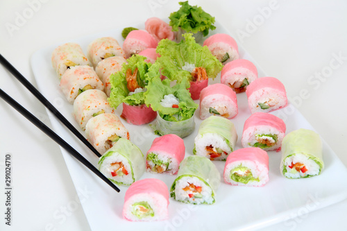 sushi set on white plate. Traditional japanese foof
