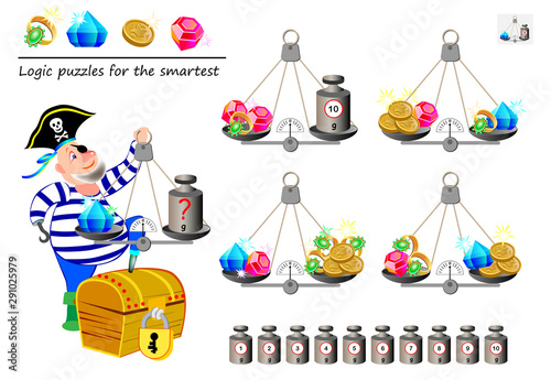 Mathematical logic puzzle game. Help the pirate calculate the weight of diamond. What weight must he put on weighing scales? Printable page for brain teaser book. Developing spatial thinking skills.