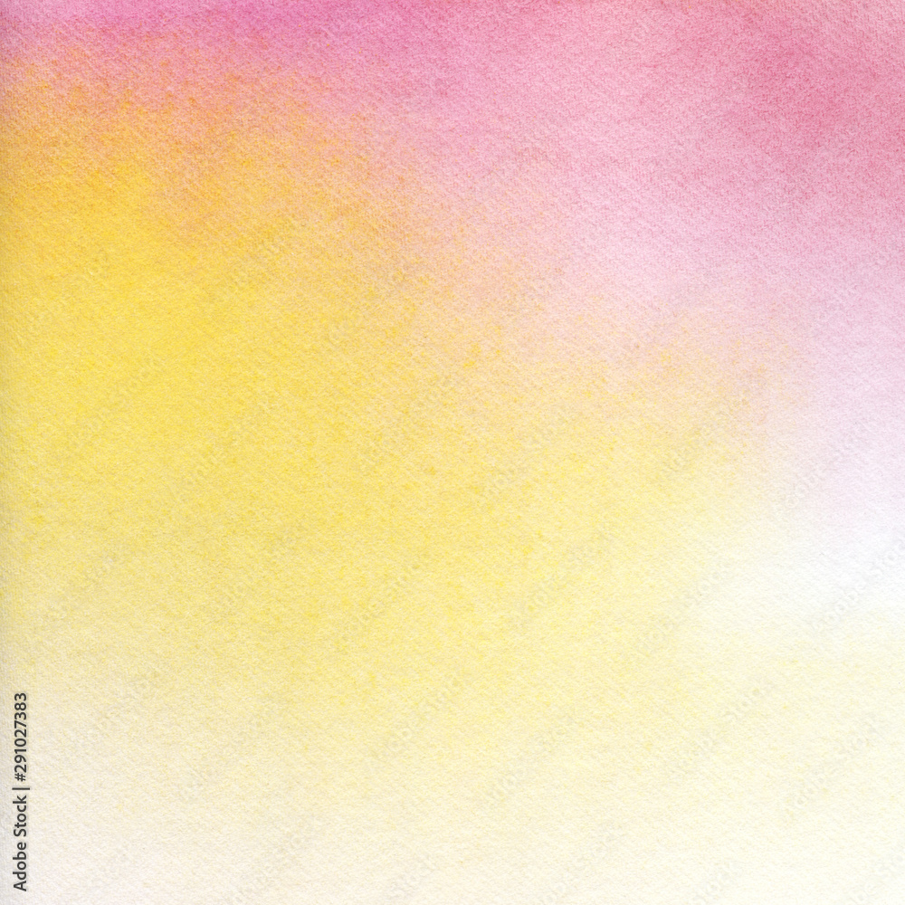 Abstract watercolor background. Texture of nice paper tinted by a delicate pink-yellow gradient. Ombre pastel tones. Smooth color transition. Hand-drawn on paper illustration