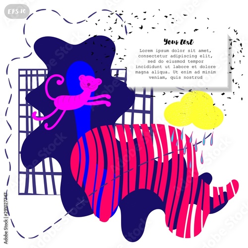 Geometric pattern design. Exotic colors, tiger on a bright colorful background. Bright juicy tones,all according to the layout, fashionable Memphis style and bizarre shapes.