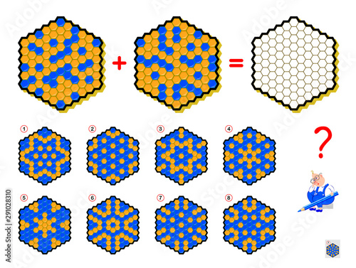 Mathematical logic puzzle game for children and adults. What sign should be in empty hexagon? Draw him. Printable page for brain teaser book. Developing spatial thinking skills. IQ training test.