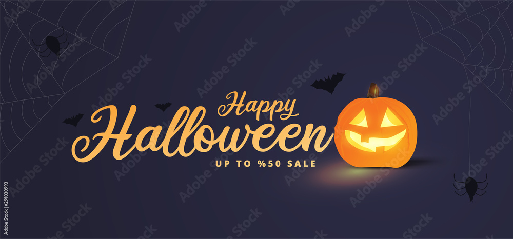 Naklejka premium Halloween Sale Promotion Poster with Halloween Pumpkin and spiders on dark background.Scary bats and spider webs. Website spooky or banner template.Vector illustration EPS10