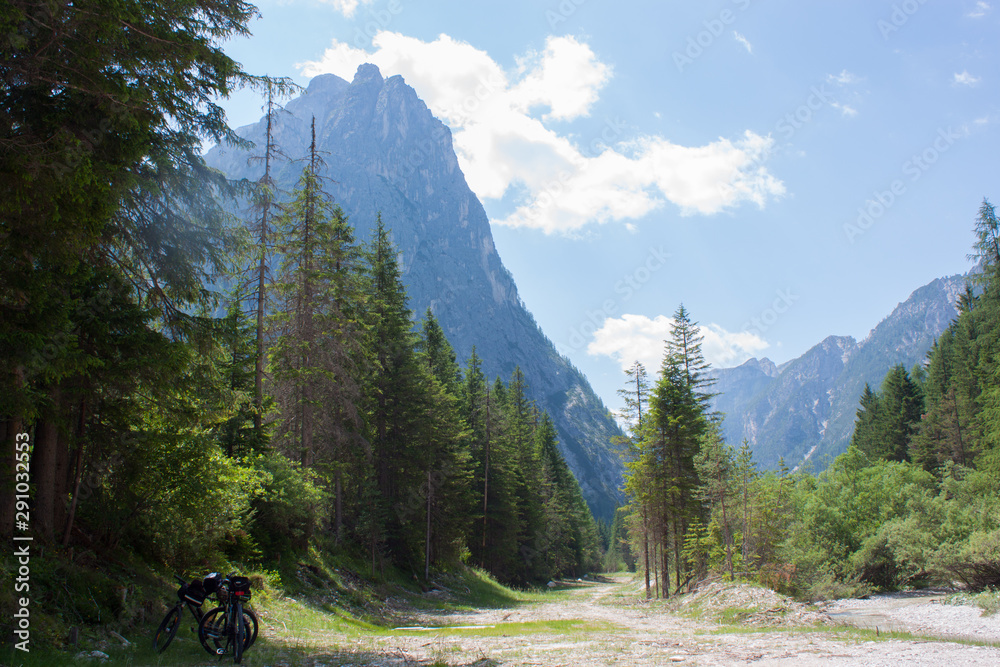 Dolomites Italien Mountaun and green forest and blue sky 