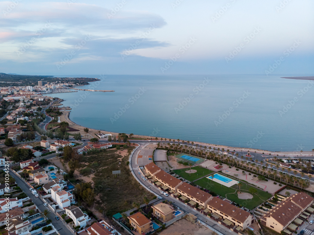The bay of L'Ampolla, Catalonia, Spain. Drone aerial panorama
