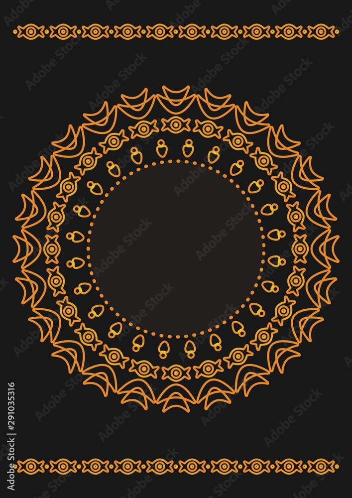 Arabic geometric, floral round ornament, pattern of gold lines. Mandala. Decorative gold pattern, oriental motif. Design element. Ethnic oriental theme. Set of ornate frames for decoration postcards