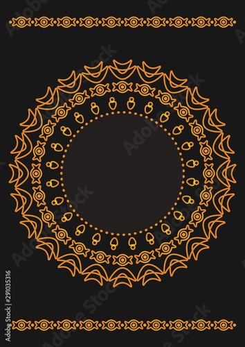 Arabic geometric, floral round ornament, pattern of gold lines. Mandala. Decorative gold pattern, oriental motif. Design element. Ethnic oriental theme. Set of ornate frames for decoration postcards