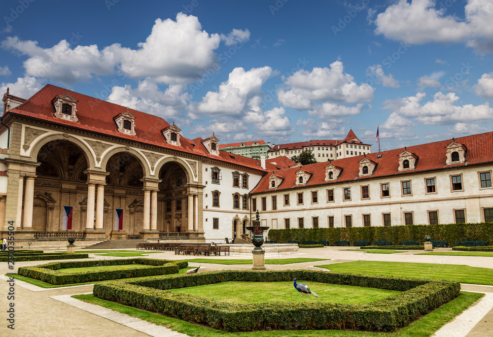 The facade of the Wallenstein palace and part of the Wallenstein Garden. Prague, Czech Republic