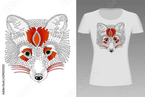 Red fox. Hand drawn illustration. Sketch in style antistresss coloring page. It may be used for design of a t-shirt, bag, postcard or poster.
