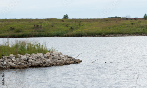 Rocky peninsula and lake landscape