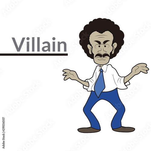 Illustration of an evil villain character with a moustache and afro.