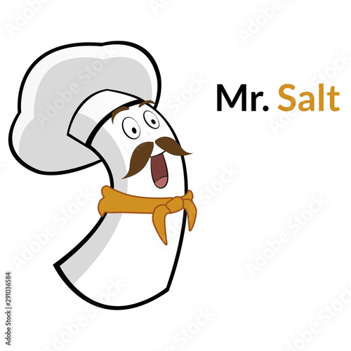 Illustration of a salt shaker chef character with a chef hat and a orange kerchief.