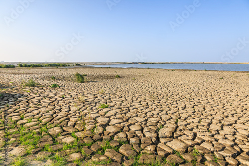 Dried clay formation at construction work Marker Wadden in the Dutch Markermeer for recreation and nature through the use of dredging sludge covered with sand