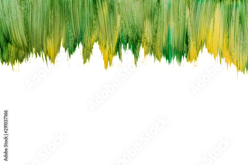 Action painting watercolor green brush mockup isolated on white. Abstract Hand-painted yellow and green natural art background. Multicolored paint strokes. Copy space