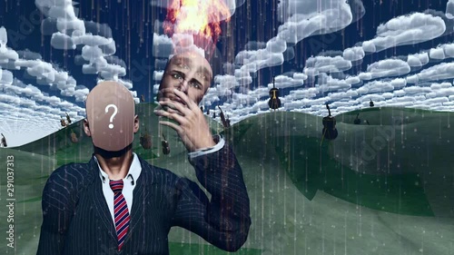 Man removes burning face in landscape with question shaped clouds and many cellos