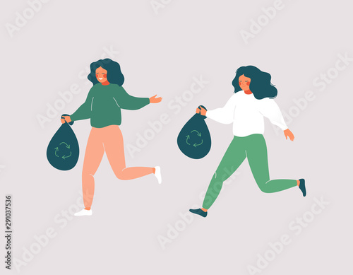 Cheerful women picking up trash while walking or Jogging. Girls running and holding garbage bags. Eco Vector illustration