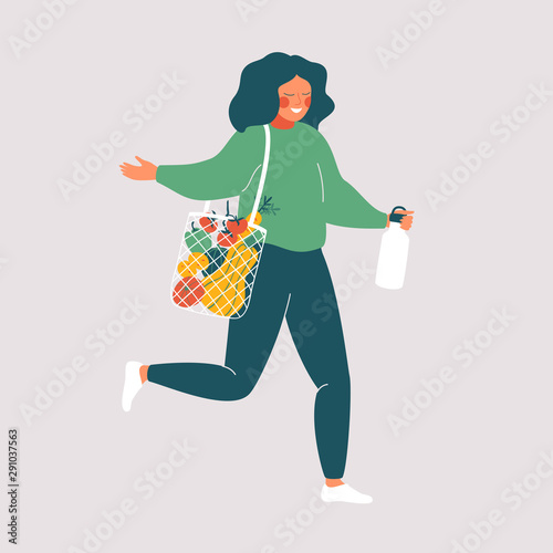 Woman holds reusable cup and eco bag with fresh food. Cute girl  is Shopping without waste. Vector illustration