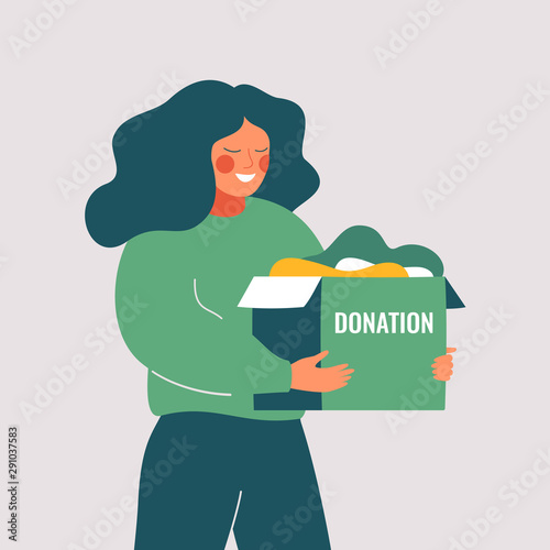 Volunteer woman holds donation box with old used clothes ready to be donated or recycled. Social care and charity concept. Vector illustration