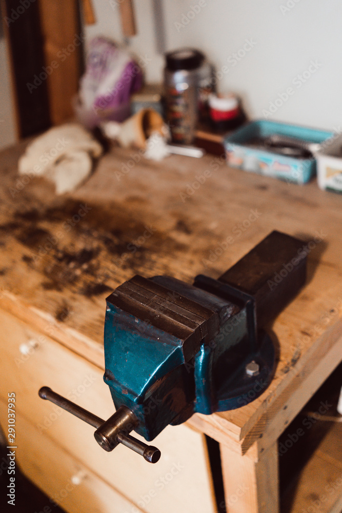 Blue Metal Vise fixed to a work table