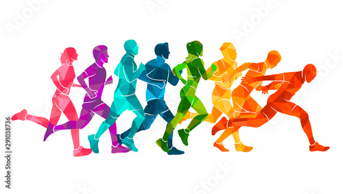 Running marathon, people run, colorful poster. Vector illustration background silhouette sport