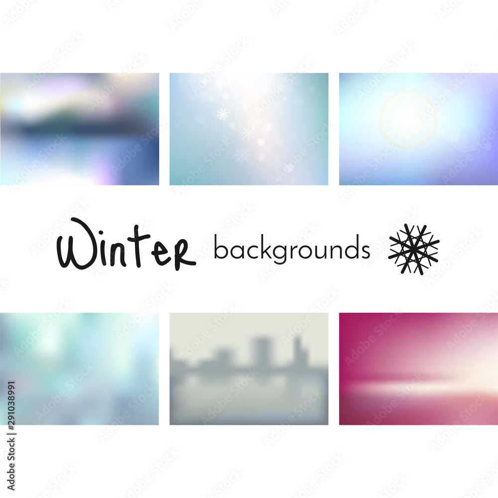 Set of winter blurred backgrounds. Vector image.