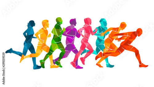 Running marathon, people run, colorful poster. Vector illustration background silhouette sport