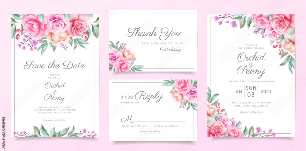 Greenery wedding invitation card template set of floral arrangements border. Elegant garden flowers decoration save the date, invitation, greeting, respond , thank you cards vector