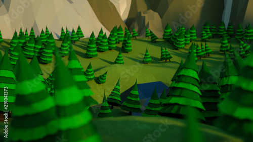 low poly landscape with stylized fir trees and rocks. 3d rendering illustration