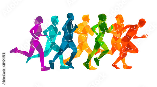 Running marathon, people run, colorful poster. Vector illustration background silhouette sport