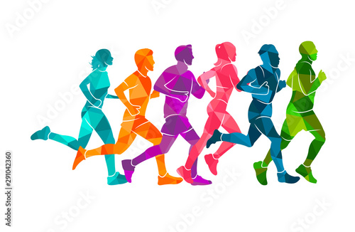 Running marathon  people run  colorful poster. Vector illustration background silhouette sport