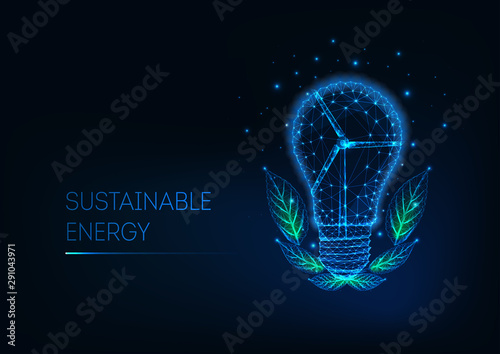 Sustainable energy concept with futuristic low polylight bulb, windmill turbine and green leaves.