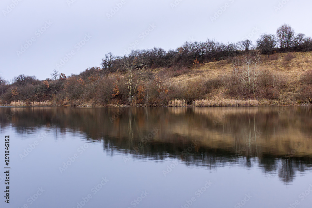 Beautiful reflections of birch trees and reed in calm lake water with a lot of space for text Beautiful reflections of birch trees and reed in calm lake water with a lot of space for text