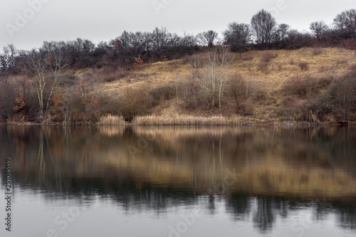 Beautiful reflections of birch trees and reed in calm lake water with a lot of space for text