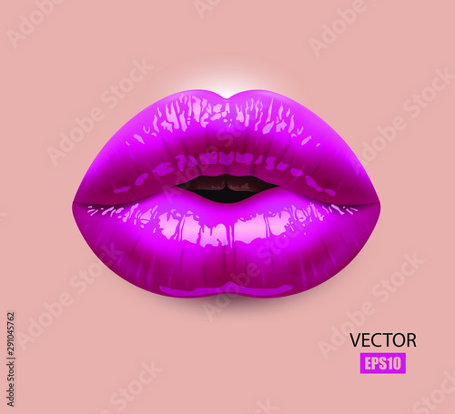 Fuchsia sexy female lips isolated on a nude background, an air kiss, beautiful lips, beauty, fuchsia lipstick, cosmetics. 3D effect. Vector EPS10