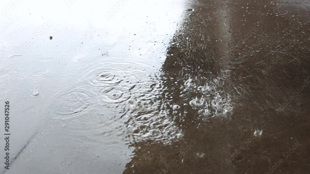 close up on raindrops falling down on puddle on rainy day in town. circle pattern on surface of wet asphalt. splashing of water. Bad weather. close up on raindrops falling down on puddle on rainy day in town. circle pattern on surface of wet asphalt. splashing of water. Bad weather.