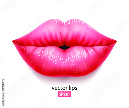 Sexy female lips isolated on white background, air kiss, beautiful lips, beauty, pink lipstick, cosmetics. 3D effect. Vector illustration. EPS10