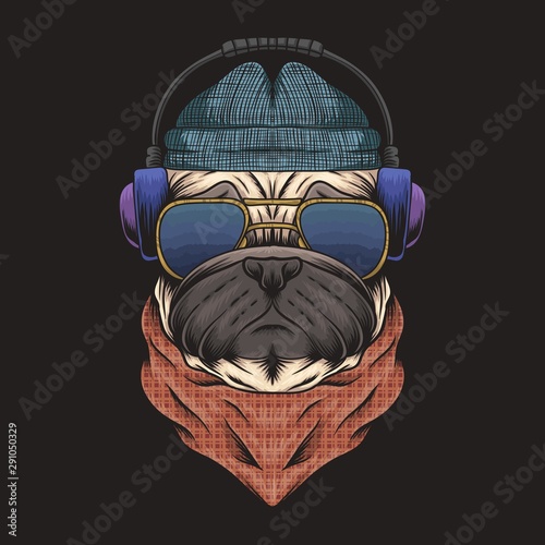 pug dog headphone vector illustration