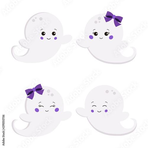 Vector illustration set of flat cute sweet cartoon smiling boy and girl ghost isolated on white background.