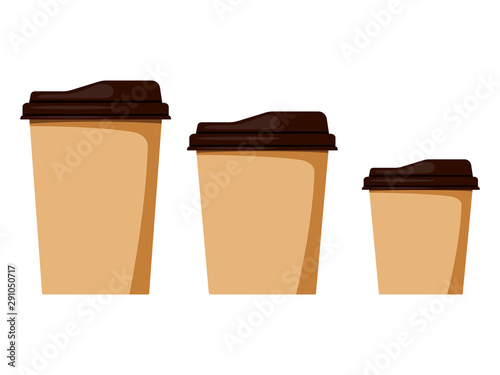 Isolated on white background disposable paper coffee cup with cap sizes set small, medium, large, mock up template.