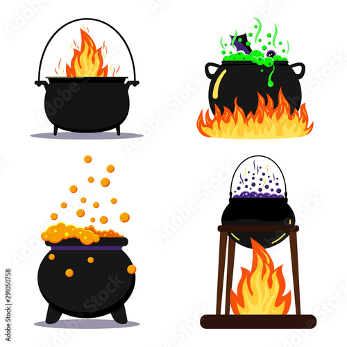 Flat design vector illustration set black halloween witches cauldron with green, orange, purple poison potion isolated. photo